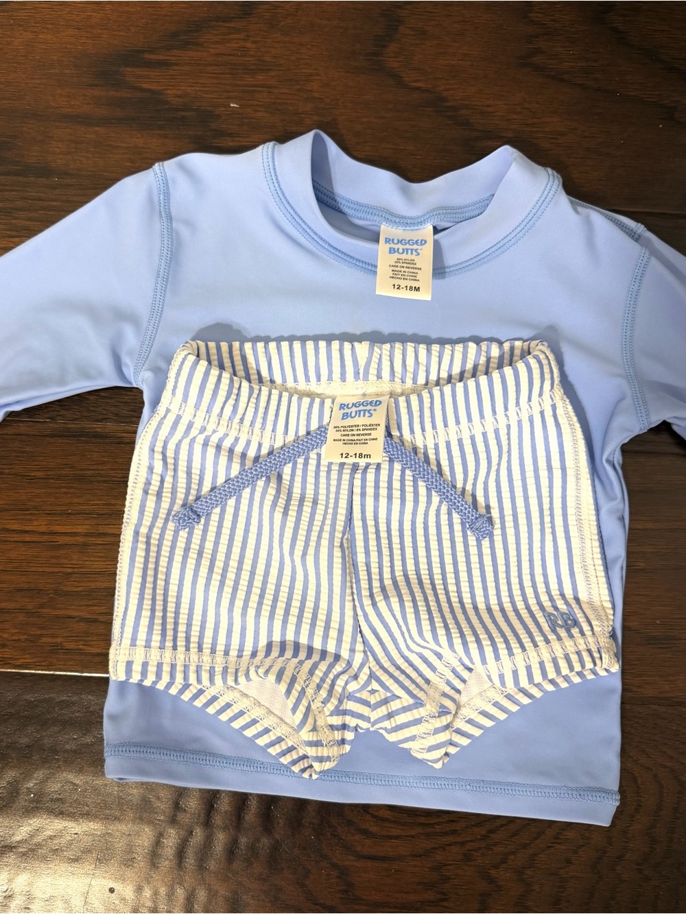 Rugged Butts Blue Seersucker Swim Shorts w matching Rash Guard Top 12-18 mo